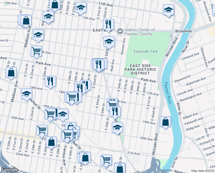 map of restaurants, bars, coffee shops, grocery stores, and more near 315 East 34th Street in Paterson