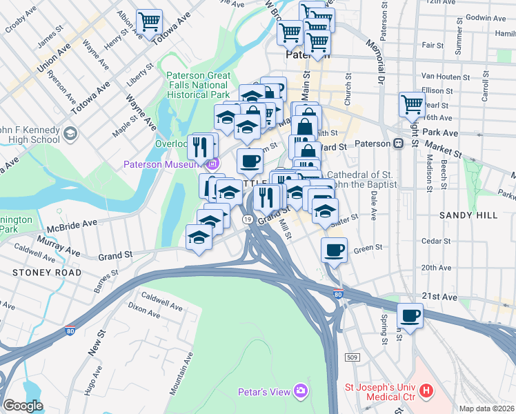 map of restaurants, bars, coffee shops, grocery stores, and more near 67 Jersey Street in Paterson