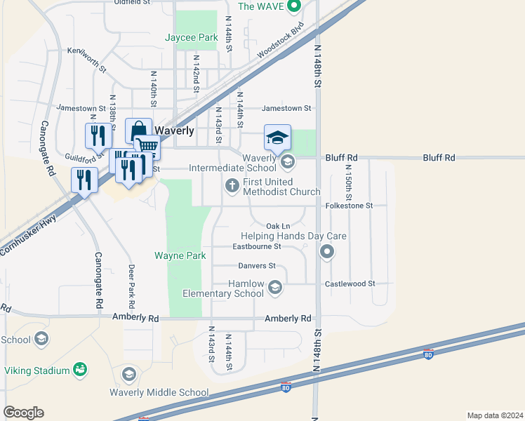 map of restaurants, bars, coffee shops, grocery stores, and more near 10320 North 145th Street in Waverly
