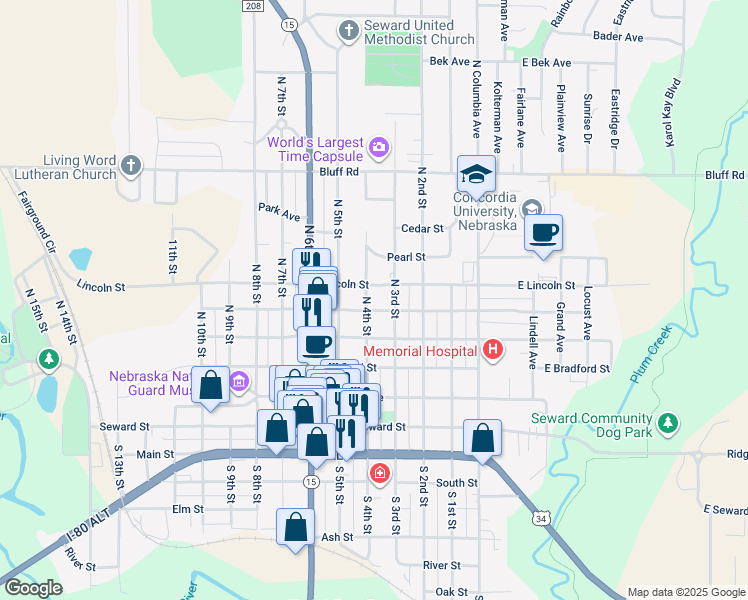 map of restaurants, bars, coffee shops, grocery stores, and more near 348 Lincoln Street in Seward