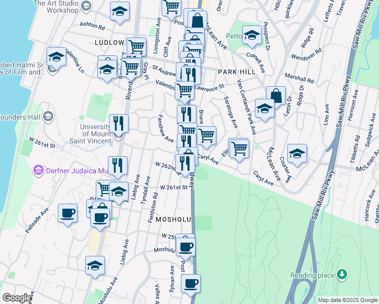 map of restaurants, bars, coffee shops, grocery stores, and more near 76 Leighton Avenue in Yonkers