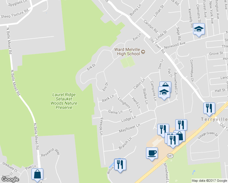 map of restaurants, bars, coffee shops, grocery stores, and more near 28 Longhorn Lane in Setauket- East Setauket