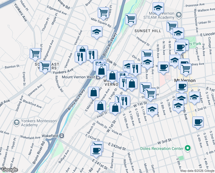 map of restaurants, bars, coffee shops, grocery stores, and more near in Mount Vernon