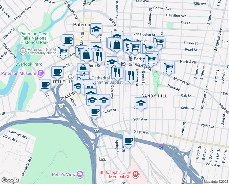 map of restaurants, bars, coffee shops, grocery stores, and more near 463 Grand Street in Paterson