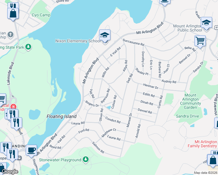 map of restaurants, bars, coffee shops, grocery stores, and more near 501 Atlas Road in Roxbury Township