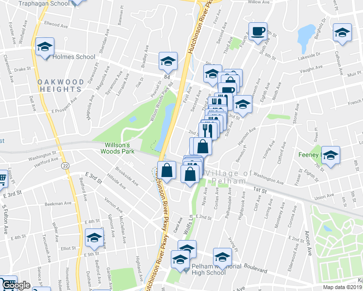 map of restaurants, bars, coffee shops, grocery stores, and more near 18 Second Avenue in Village of Pelham