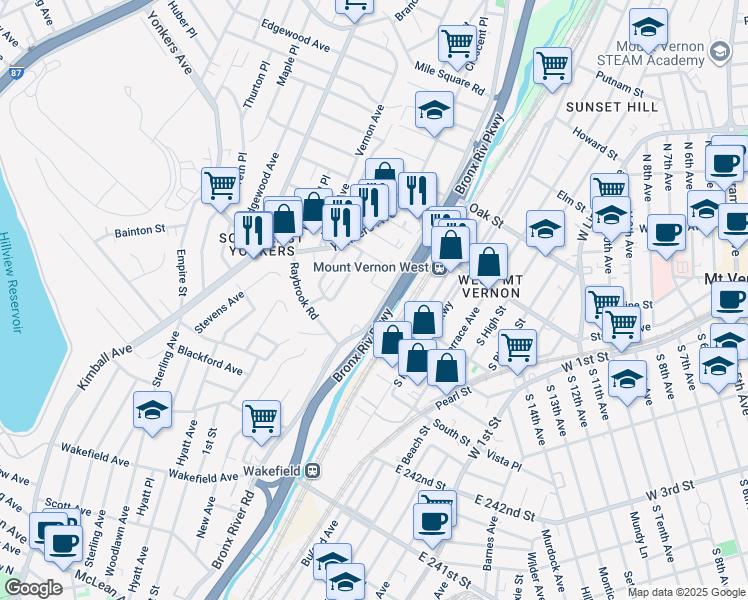 map of restaurants, bars, coffee shops, grocery stores, and more near 355 Bronx River Road in Yonkers