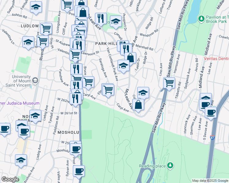map of restaurants, bars, coffee shops, grocery stores, and more near 597 Van Cortlandt Park Avenue in Yonkers