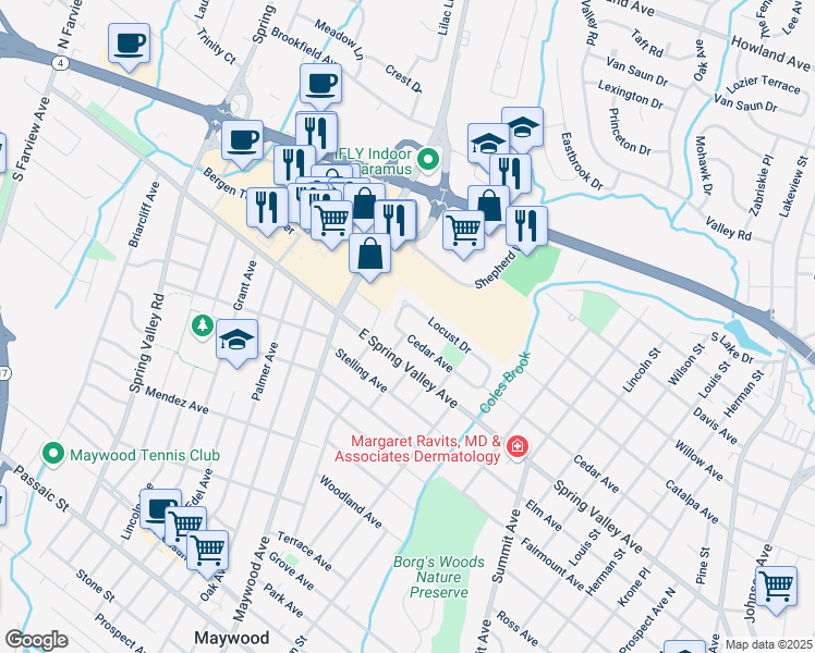 map of restaurants, bars, coffee shops, grocery stores, and more near 41 Cedar Avenue in Maywood