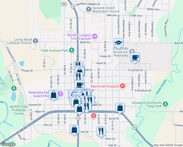 map of restaurants, bars, coffee shops, grocery stores, and more near 348 Lincoln Street in Seward