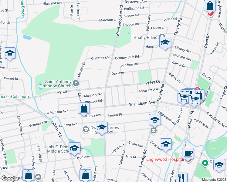 map of restaurants, bars, coffee shops, grocery stores, and more near 10 Knickerbocker Road in Tenafly