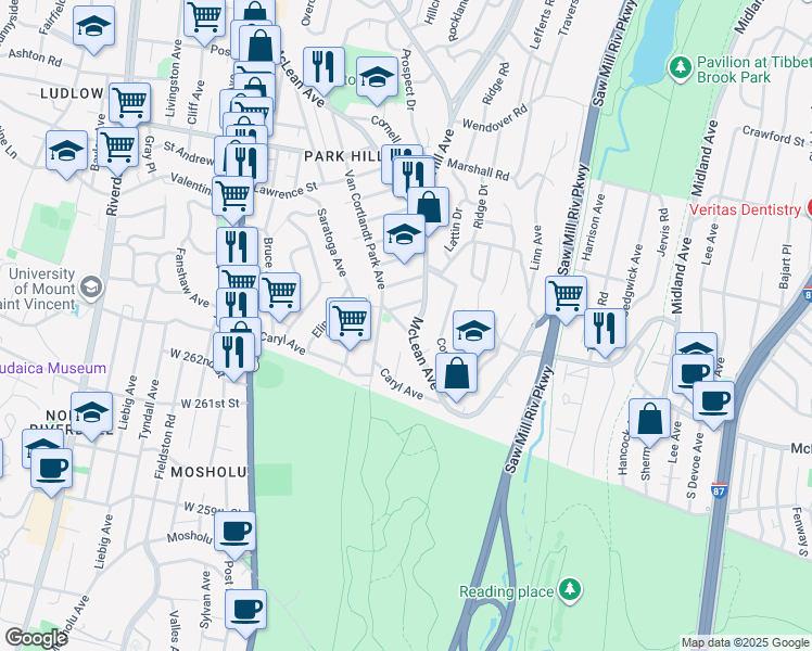 map of restaurants, bars, coffee shops, grocery stores, and more near 233 McLean Avenue in Yonkers