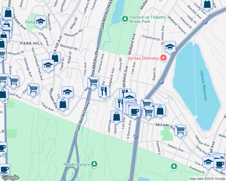 map of restaurants, bars, coffee shops, grocery stores, and more near 26 Jervis Road in Yonkers