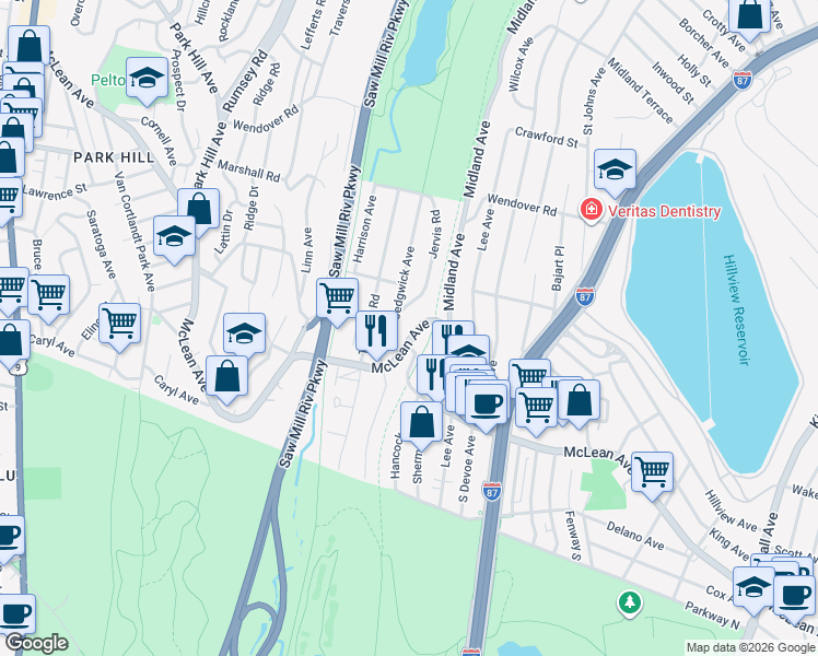 map of restaurants, bars, coffee shops, grocery stores, and more near 26 Jervis Road in Yonkers