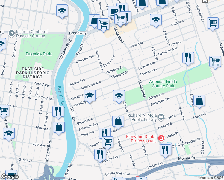 map of restaurants, bars, coffee shops, grocery stores, and more near 134 Lincoln Avenue in Elmwood Park