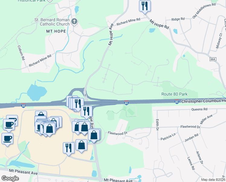 map of restaurants, bars, coffee shops, grocery stores, and more near 4306 Cleveland Lane in Rockaway