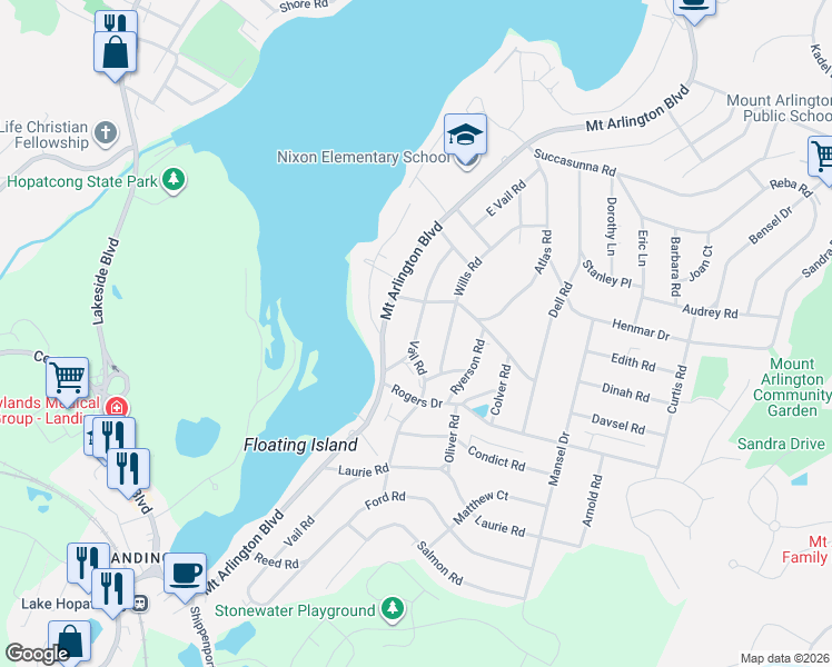 map of restaurants, bars, coffee shops, grocery stores, and more near 517 Vail Road in Roxbury Township