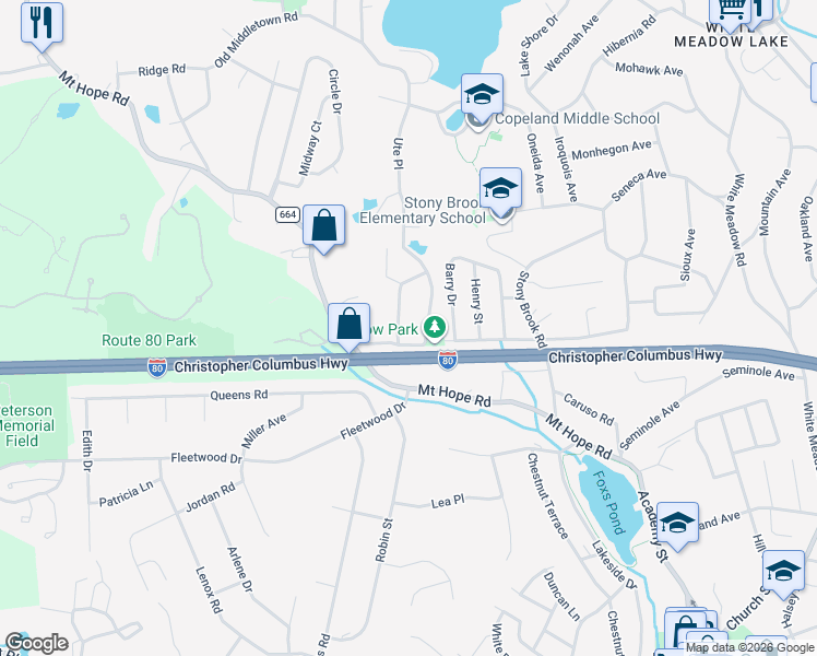 map of restaurants, bars, coffee shops, grocery stores, and more near 24 Reservoir Road in Rockaway