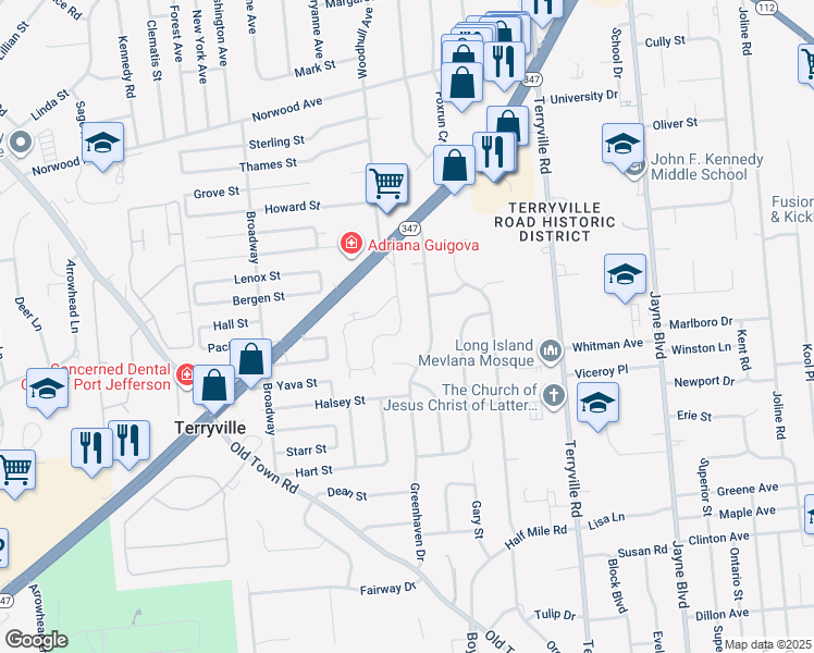 map of restaurants, bars, coffee shops, grocery stores, and more near 301 Sara Circle in Port Jefferson Station