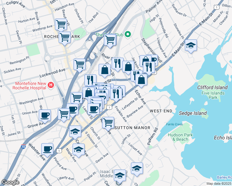 map of restaurants, bars, coffee shops, grocery stores, and more near 361 Main Street in New Rochelle