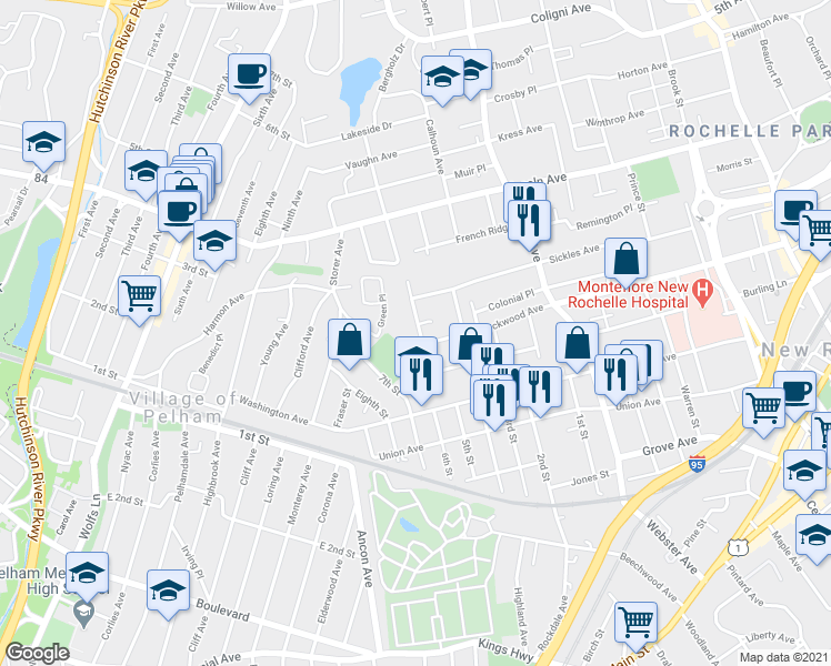 map of restaurants, bars, coffee shops, grocery stores, and more near 51 Madeleine Avenue in New Rochelle