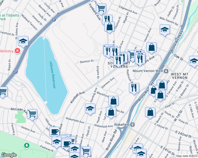 map of restaurants, bars, coffee shops, grocery stores, and more near 17 Empire Street in Yonkers