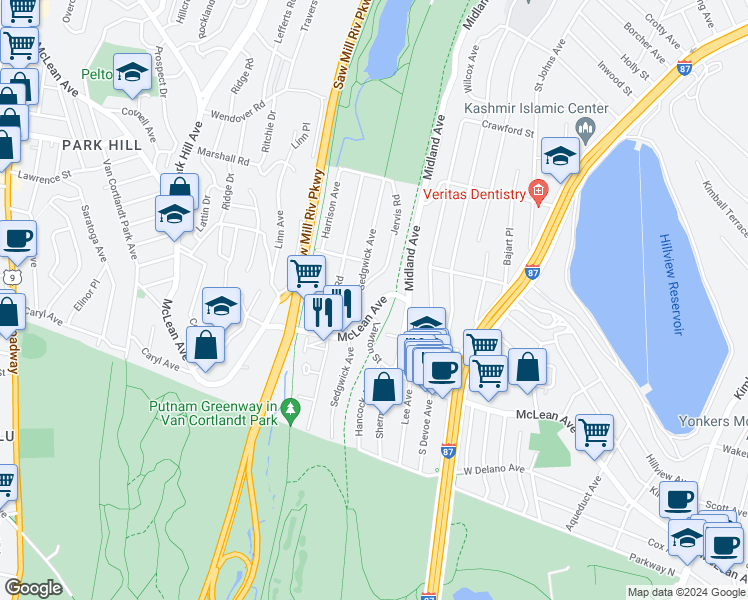 map of restaurants, bars, coffee shops, grocery stores, and more near 26 Jervis Road in Yonkers