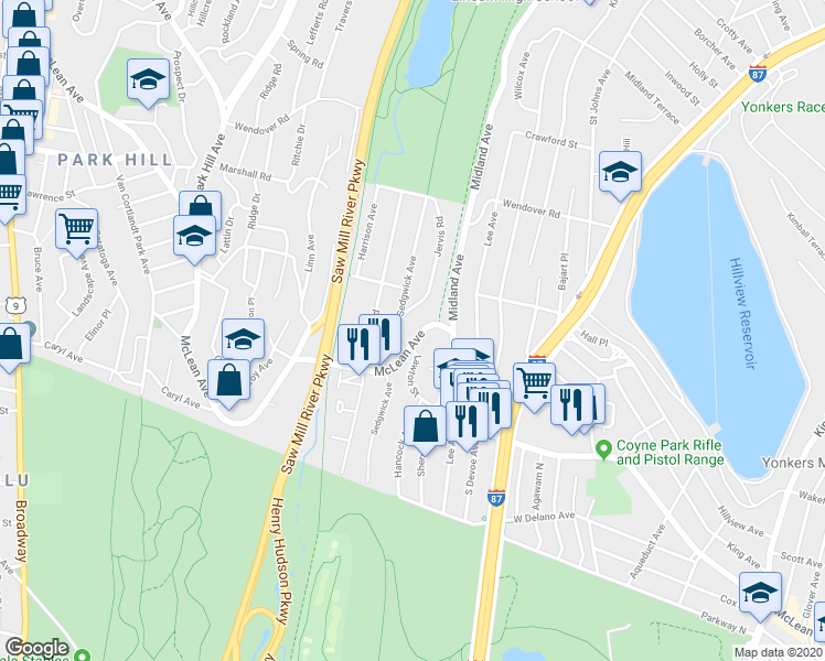map of restaurants, bars, coffee shops, grocery stores, and more near 26 Jervis Road in Yonkers