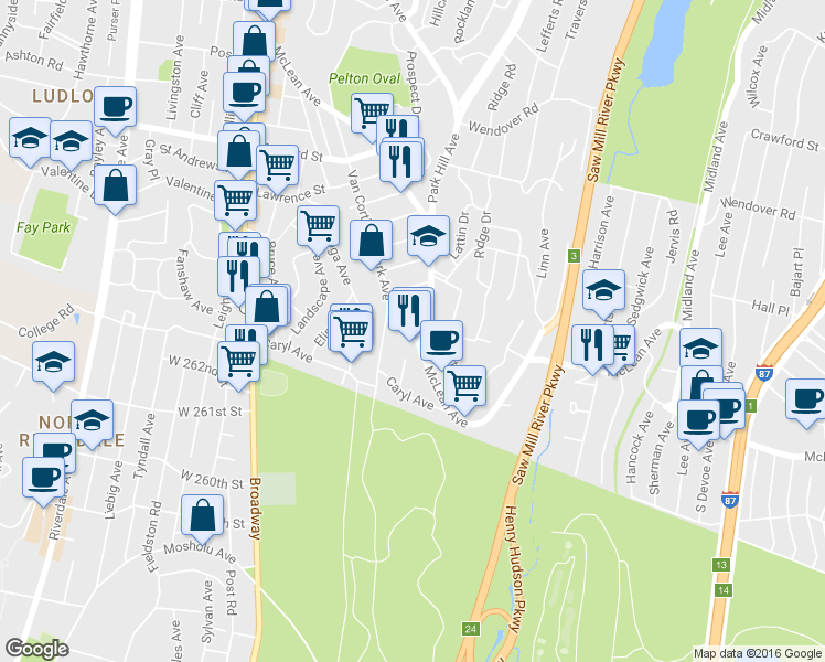 map of restaurants, bars, coffee shops, grocery stores, and more near 233 McLean Avenue in Yonkers