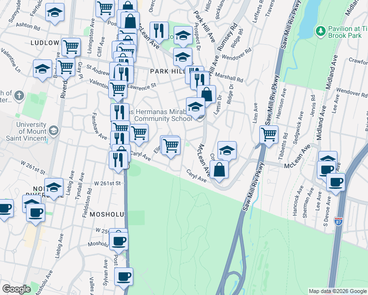 map of restaurants, bars, coffee shops, grocery stores, and more near 597 Van Cortlandt Park Avenue in Yonkers