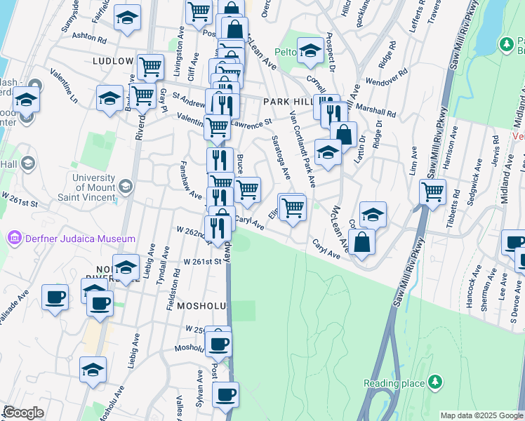 map of restaurants, bars, coffee shops, grocery stores, and more near 94 Landscape Avenue in Yonkers