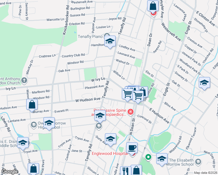 map of restaurants, bars, coffee shops, grocery stores, and more near 490 Tenafly Road in Englewood