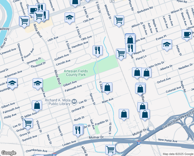 map of restaurants, bars, coffee shops, grocery stores, and more near 246 East 54th Street in Elmwood Park