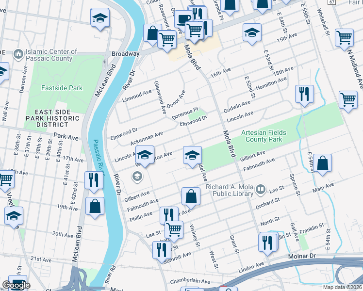 map of restaurants, bars, coffee shops, grocery stores, and more near 134 Lincoln Avenue in Elmwood Park