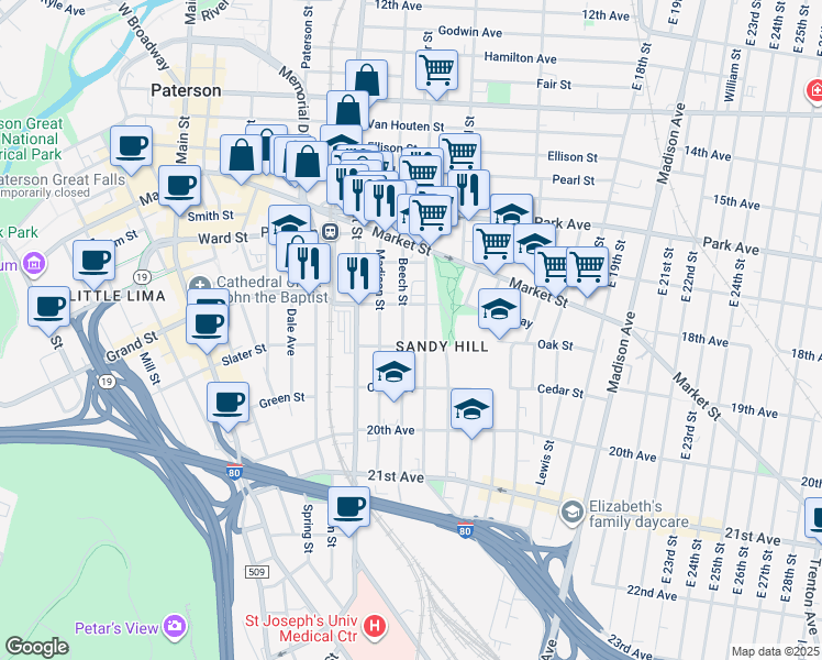 map of restaurants, bars, coffee shops, grocery stores, and more near 63 Beech Street in Paterson