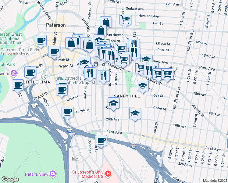 map of restaurants, bars, coffee shops, grocery stores, and more near 63 Beech Street in Paterson