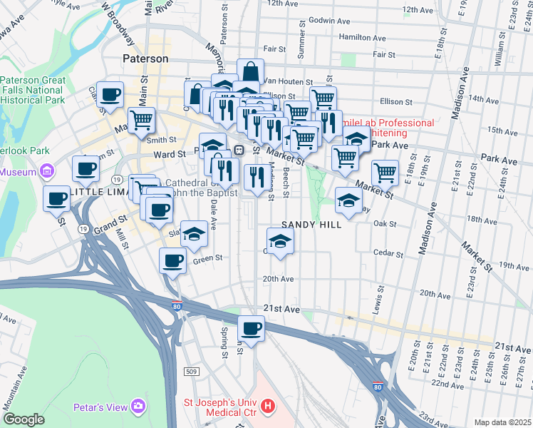 map of restaurants, bars, coffee shops, grocery stores, and more near 343 Straight Street in Paterson