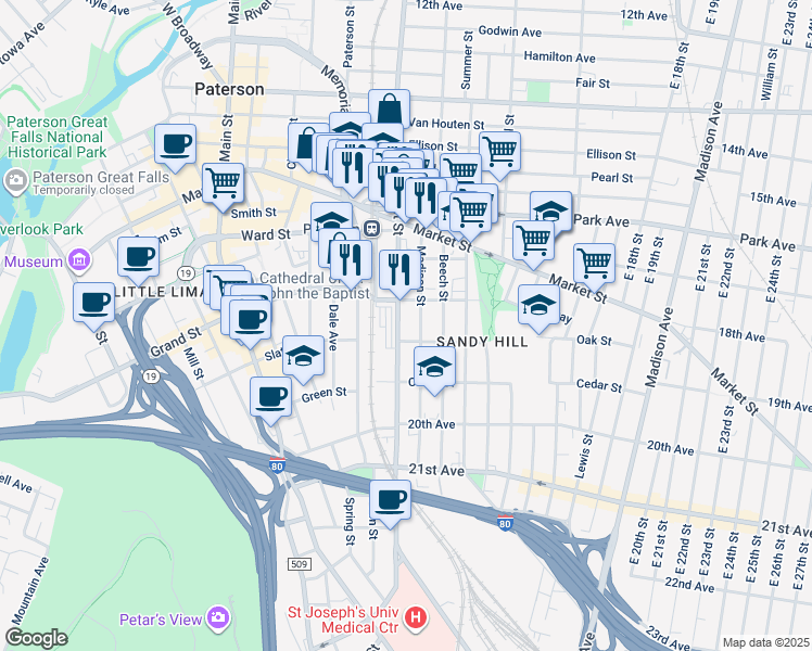 map of restaurants, bars, coffee shops, grocery stores, and more near 343 Straight Street in Paterson