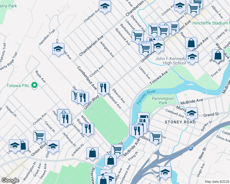 map of restaurants, bars, coffee shops, grocery stores, and more near 32 Union Avenue in Paterson