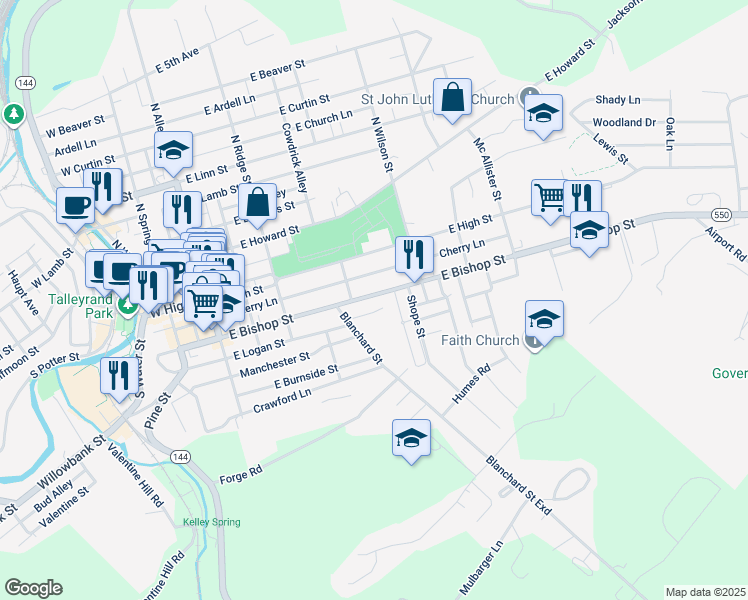 map of restaurants, bars, coffee shops, grocery stores, and more near 463 East Bishop Street in Bellefonte