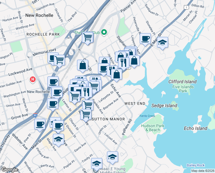 map of restaurants, bars, coffee shops, grocery stores, and more near 345 Main Street in New Rochelle