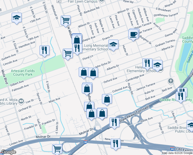 map of restaurants, bars, coffee shops, grocery stores, and more near 418 Leonhardt Drive in Saddle Brook