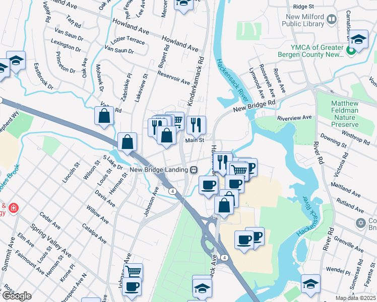 map of restaurants, bars, coffee shops, grocery stores, and more near 17 Elizabeth Street in River Edge