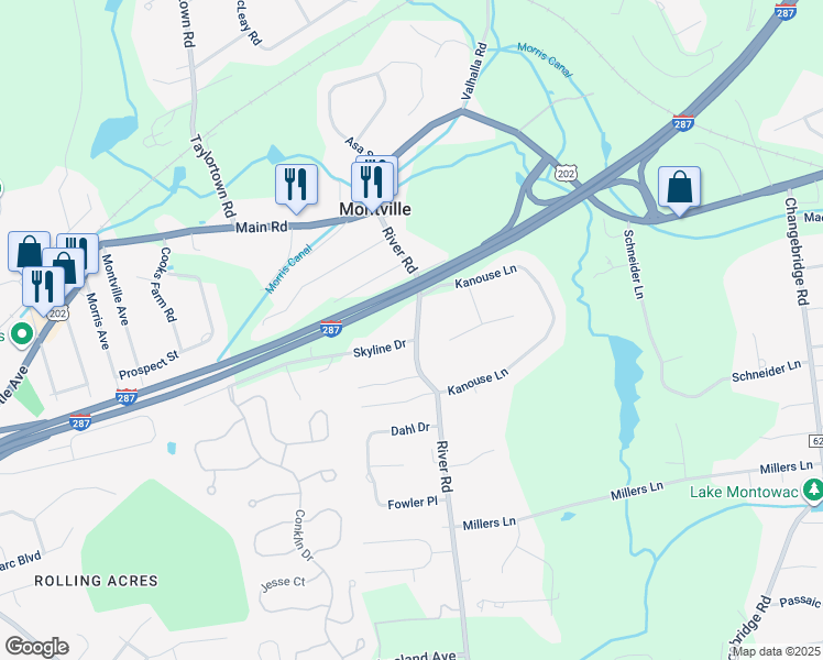 map of restaurants, bars, coffee shops, grocery stores, and more near 19 River Road in Montville