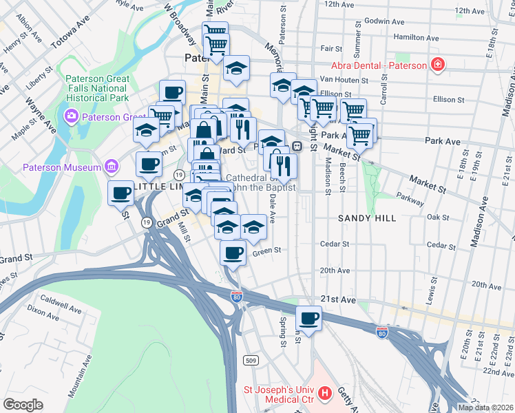 map of restaurants, bars, coffee shops, grocery stores, and more near 108 Prince Street in Paterson