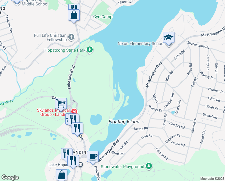 map of restaurants, bars, coffee shops, grocery stores, and more near 304 Kingsland Road in Roxbury Township