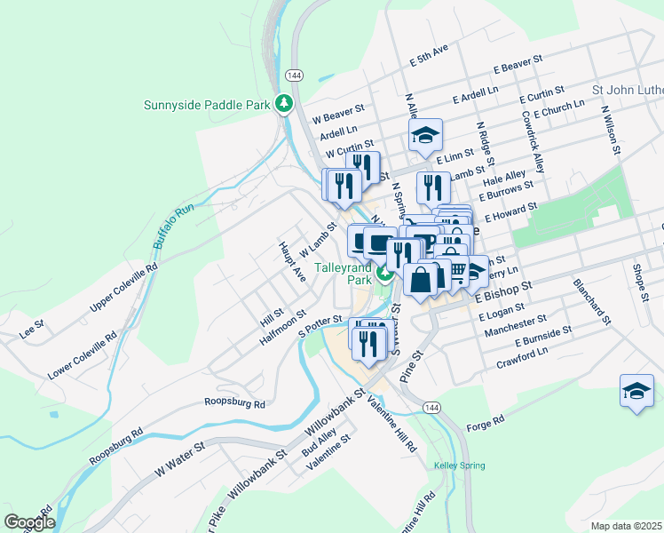 map of restaurants, bars, coffee shops, grocery stores, and more near 120 Shoemaker Ave in Bellefonte
