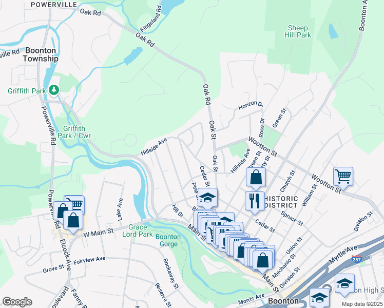 map of restaurants, bars, coffee shops, grocery stores, and more near Hillside Avenue in Boonton