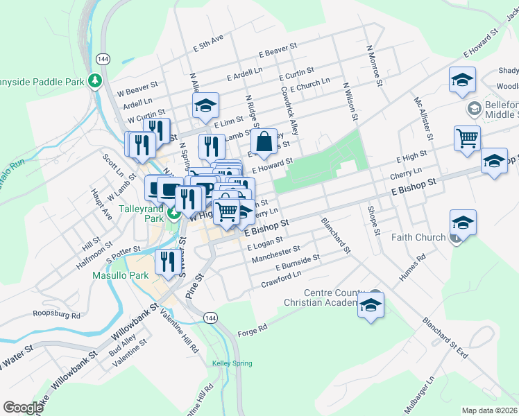 map of restaurants, bars, coffee shops, grocery stores, and more near 102 East High Street in Bellefonte