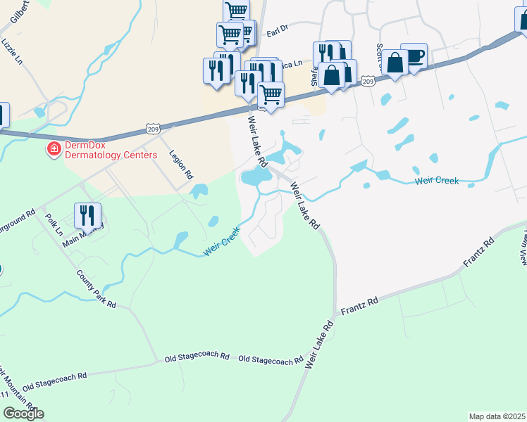 map of restaurants, bars, coffee shops, grocery stores, and more near 5136 Walnut Road in Kunkletown